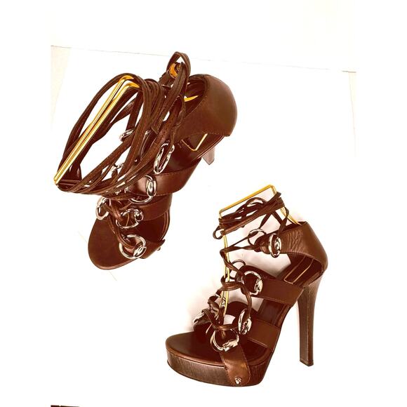 Gucci Bamboo Accent Leather Gladiator Calfskin Strappy Platform Sandals EU 37c - Picture 11 of 12